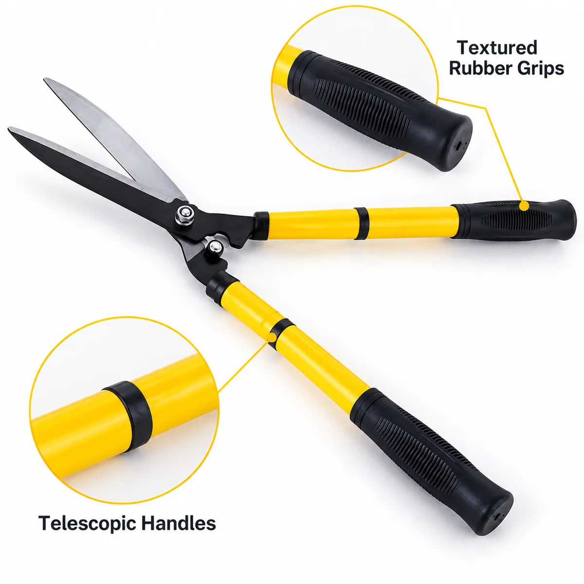 Hedge shears with textured rubber grips and telescopic yellow handles