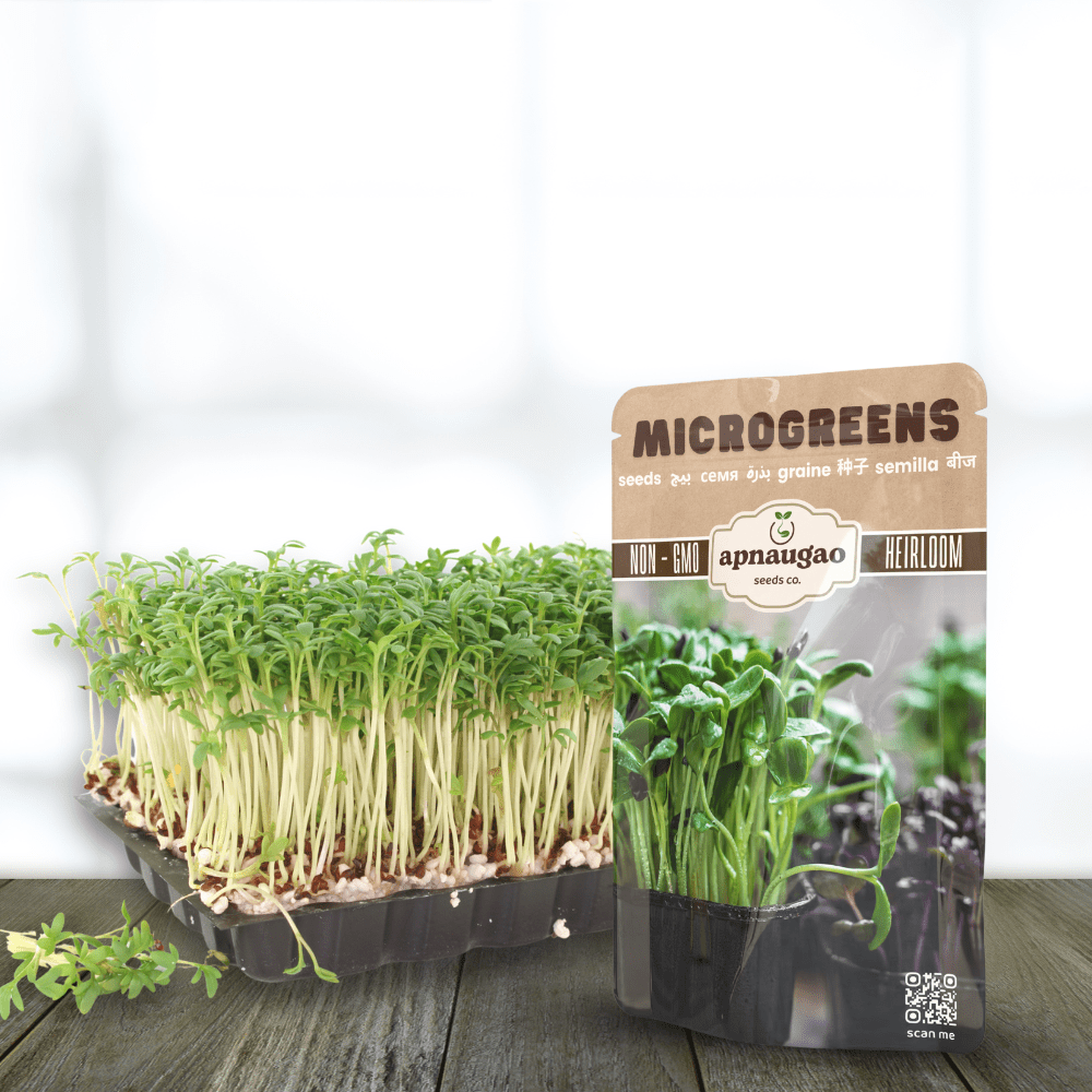 Packaged microgreens with a visible brand label on a wooden surface.