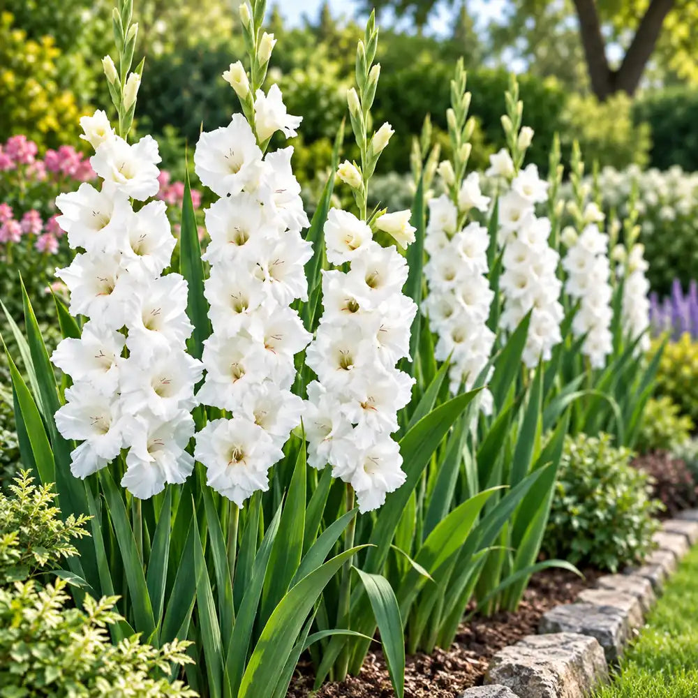 Tall white gladiolus flowers planted along a garden border, grown from bulbs